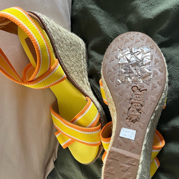 Pajar Canada 🇨🇦 Strappy Yellow/Orange Stripe Woven Espadrilles Wedge Platforms - Picture 3 of 6